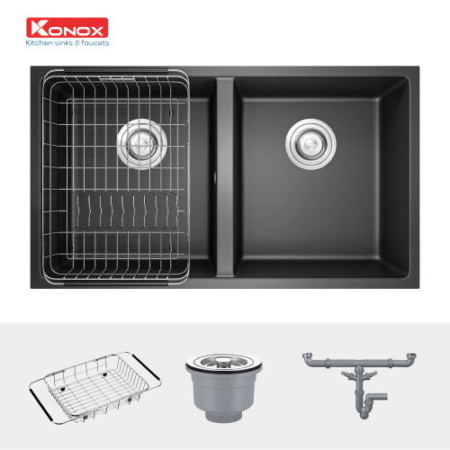 Chậu rửa chén đá Konox Veloci 760D Black 2 hố